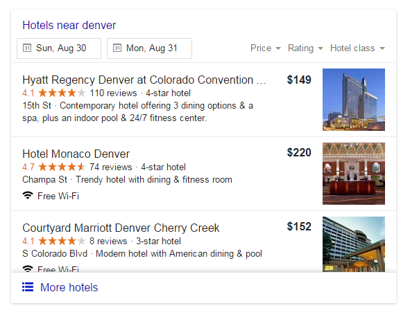 Hotel search results on Google